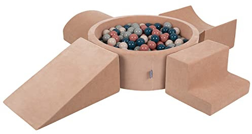 KiddyMoon Area di Gioco in Schiuma con Tondo Piscina di Palline per Bambini Piscina (300 Palline) + Version 5, Rosa del Deserto: Turchese Scuro/Beige Pastello/Verde Grigio/Salmone