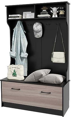 GIANTEX Porte-Manteau avec Banc à Chaussures, Vestiaire avec Banc de Rangement & 5 Crochets & Compartiments, Meuble d’Entrée Style Moderne pour Couloir, Chambre à Coucher, Salon, 100X40X160CM (Noir)