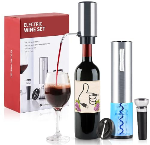 ZOYIDOUX Tire Bouchon Electrique 4 en 1 Coffret Cadeau avec Ouvre Bouteille Rechargeable,Decanteur Rechargeable,Coupe-Capsule et Bouchon à Vin sous Vide,Cadeau de Noël Amateurs de Vins,Argenté
