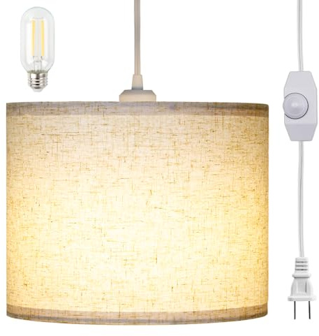 LALISU Plug in Pendant Light, Hanging Light with Plug in Cord 15Ft, On/Off Switch Pendant Lighting with Linen Shade, Hanging Lamp Fixture for Living Room, Bedroom, Kitchen, Dining Room (Beige)
