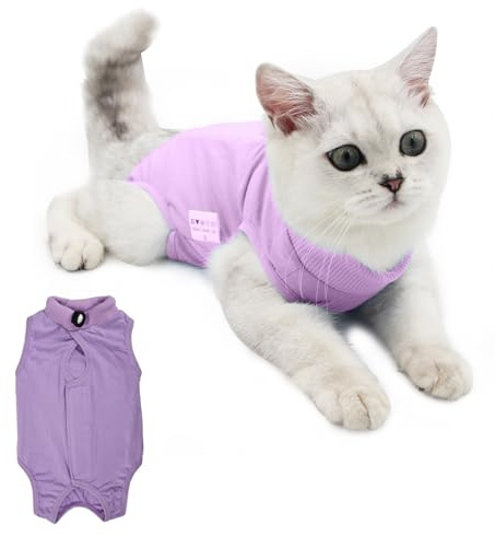 Cat Recovery Suit & Vest - Breathable Body Suits for Kitten Post-Op Care, Anti-Licking (M, Purple)