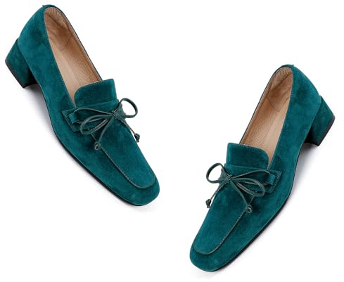 MOOMMO Women Chunky Low Heel Loafers Bow Suede Slip On Closed Square Toe Loafer Shoes Oxfords Comfy 1 Inch Block Heels Dress Shoes Pumps Office Work Pumps Vintage Chic 4-11 M US, Teal, 5.5 UK