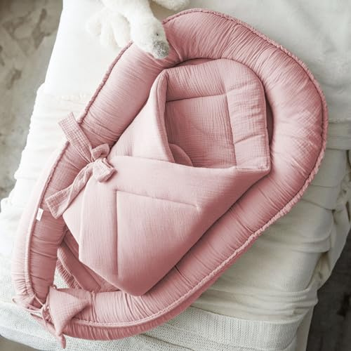 PaLulli Set 2 in 1, nido e coperta, 100% mussola, paracolpi per bambini, paracolpi per neonati, nido per bambini (rosa)