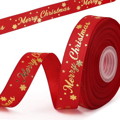 BETESSIN Cinta de Navidad 2cm*18m - Adorno Rojo para Envoltura de Regalos y Decoración de Cajas - Feliz Navidad Embalaje para Fiesta