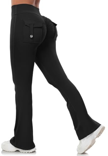 Aerides Flared Leggings for Women Scrunch Bums Leggings with Pockets High Waist Yoga Pants Sports Bootcut Trousers for Gym Workout Casual (Black, M)