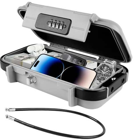 Flintronic Cassaforte Portatile, con Rimovibile Fune Metallica, Cassetta di Sicurezza Combinazione per Telefono, con Serratura a Combinazione, per Spiaggia Auto Ufficio Vacanze