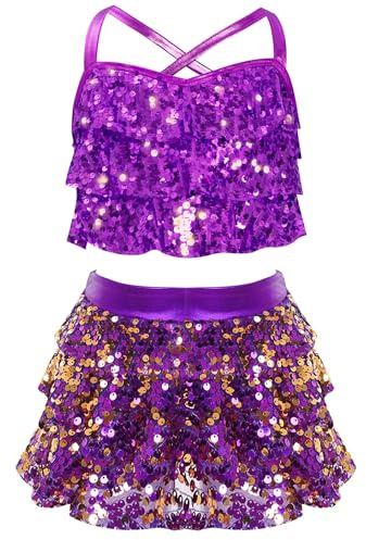 TTAO Ropa de ballet para niños y niñas, con lentejuelas, juego de falda, jazz moderno, disfraz de bailarina latina, color violeta, 110-116
