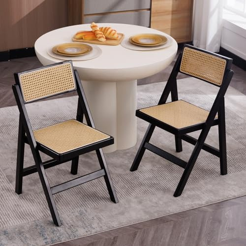 Ya-Home Folding Dining Chairs Set of 2 Wooden Foldable Rattan Kitchen Chairs with Wood Legs for Outdoor & Indoor Home Dining Room, Black