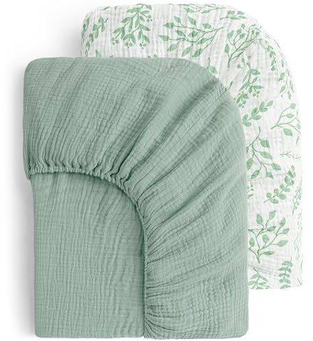 Yoofoss Juego de 2 Sábana Bajera Ajustable 70x140 cm 100% Algodón Muselina Sábanas Bajeras para Cuna Bebé Colchón Suave Protector (Verde Follaje)