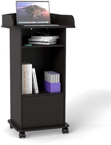 Suuiwau Stehpult Podiumständer, Rednerpult mit Doppellagiges Ablagefach und Bremsrad für Klassenzimmer, Hörsaal, Kirche, Seminar Schwarz