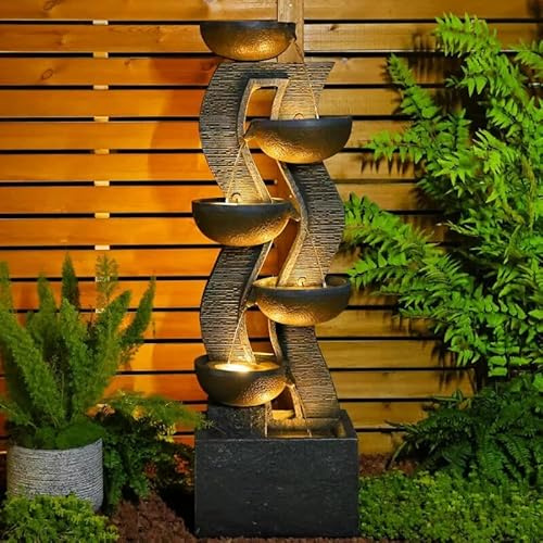 136cm Tall Outdoor Water Feature and Waterfall with LED Lights, Cascading Bowl Garden Fountain Waterfall Feature for Patio, Garden Porch Decor – Large Freestanding Resin Water Fountain for Backyard