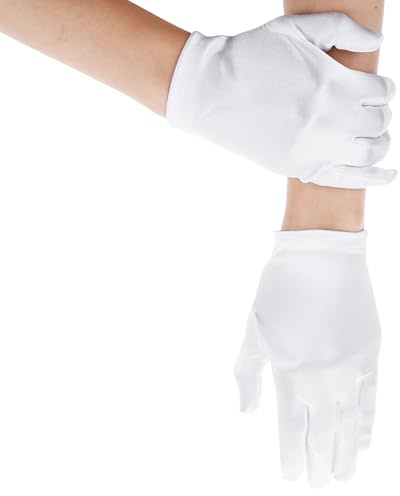 Gants blancs en satin pour fille, gants habillés de princesse pour les vacances, les mariages et les concours de beauté, longueur du poignet, taille S (4 à 14 ans)