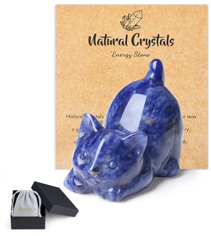 QINJIEJIE Blue Sodalite Crystal Cat Figurines for Cat Lovers - Healing Crystals Natural Gemstones Cat Good Luck Cats Themed Gifts Crystal Gifts for Women