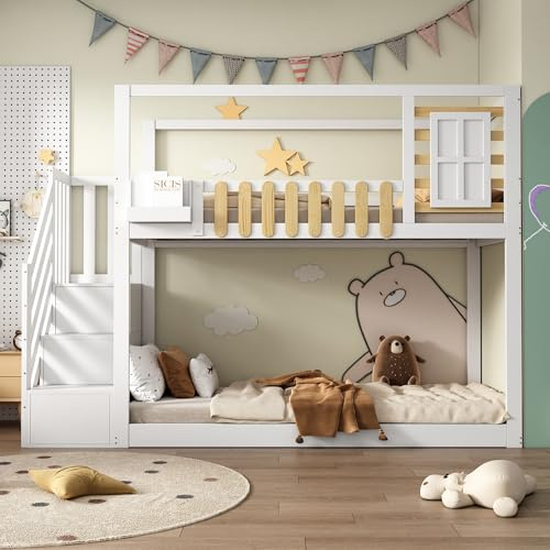 Oslghy Letto per Bambini a Castello 90x200 cm, Letto a Soppalco con Contenitore Scala, Modern Letto Alto per 2 Ragazzi con Finestra e Scaffale, Rotezione Anticaduta e 2 Rete a Doghe, Senza Materasso