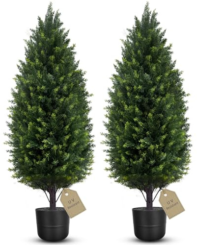 90CM Outdoor Artificial Cedar Topiary Trees, Set of 2 Faux Cypress Tree with Pot, UV Rated Potted Fake Pine Tree Artificial Boxwood Plants for Outdoor Planters Front Door Xmas