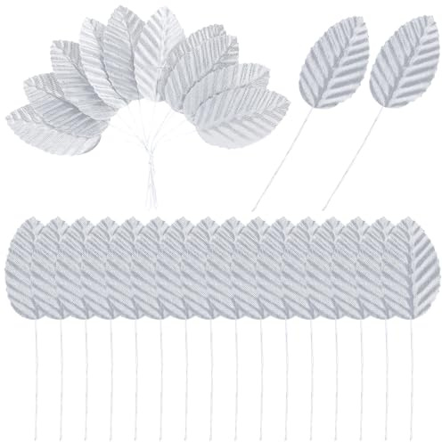 Elegaperma 200 Pcs Silver Leaves, Realistic Silver Flowers Craft Leaves with Bendable Wire Stems, Artificial Rose Leave for Floral Arrangements and DIY Decorations