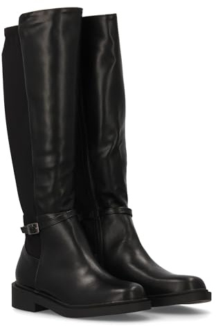 shoes&blues.es 97117 Bota Alta para Mujer con Cana combinada en Material Sintetico y Tejido Elastico. Hebilla Decorativa en el Tobillo y Suela Plana. Negro Talla 40