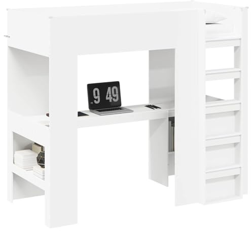 vidaXL Loft Bed Frame with Desk White 80 x 200 cm Engineered Wood, Modern Loft Bed Frame, Rectangular Bunk with Desk, Space-Saving Workspace for Teens, Compact for Small Rooms