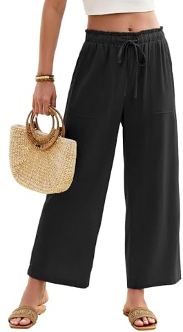 HEEKPEK Pantaloni Lino Donna Estivi Pantaloni Larghi Leggeri Elastico Vita Alta 7/23 Pantalone Comodi Gamba Larga Pantaloni Casual da Spiaggia con Tasche(Nero,S)