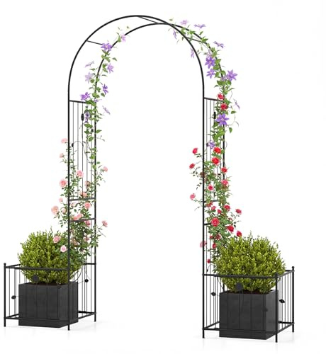 COSTWAY Arco da Giardino, Pergolato in Metallo con Fioriere Laterali, Arco da Esterno per Piante Rampicanti, Rose e Viti, Decorazione per Matrimonio e Festa, 198 x 49,5 x 221 cm