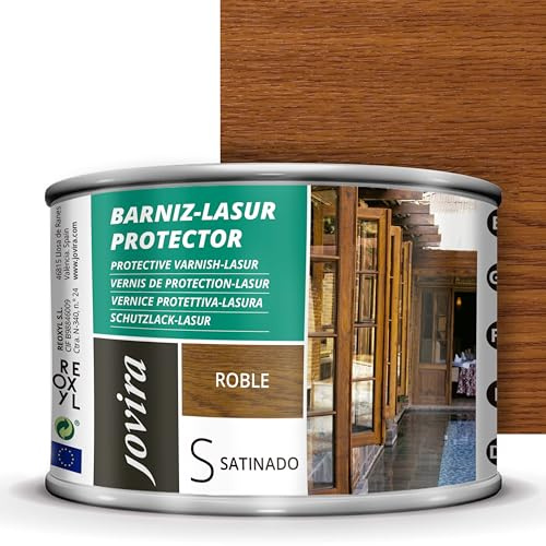 JOVIRA PINTURAS BARNIZ-LASUR Protector Satinado (7 colores) Protege, decora y embellece todo tipo de madera (375 Mililitros, Roble) D-01B