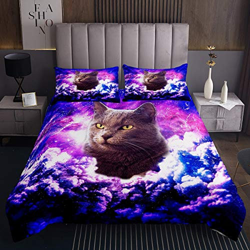 Lindo Gato Coverlet GalaxPet Cat Impreso Colcha Colcha Colcha Coverlet Niños Niñas Cartón Tema Animal Junto de edredón Espacio Exterior Nube Acolchado 2pcs Ropa de Cama Individual