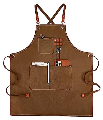 APRONPANDA Canvas Work Aprons for Men with Pockets,Adjustable Strap and Large Pockets Apron,Kitchen Cooking Baking Chef Apron (Brown)