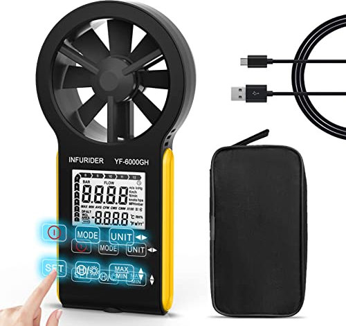 Anemometro Portatile Ricaricabile, INFURIDER YF-6000GH Modalità Smart Misuratore di Velocità del Vento,Anemometro Digitale per Vento Misurare la Velocità del Flusso d'Aria e Temperatura del Vento