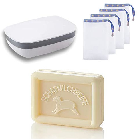 Buen Camino Waschset Seifenset für den Jakobsweg | Schafmilchseife + Seifendose + 4 STK Seifensäckchen | Feste Dusche für Körper und Haare | für Sensible Haut geeignet | Wiesenduft