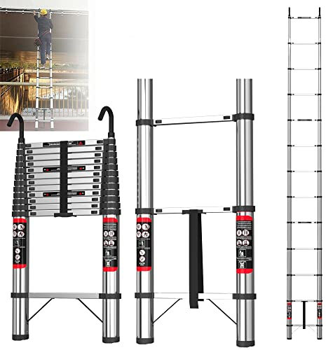 Escalera telescópica de 5 m con gancho, escalera extensible de acero inoxidable, escalera antideslizante, escalera de diseño telescópico, escalera plegable multifunción 12 pellets, carga máxima: 150