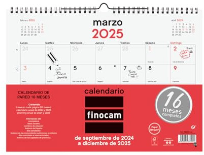 Finocam - Calendario Neutro Pared 16 Meses 2024 2025 Mes Vista Septiembre 2024 - Diciembre 2025 (16 meses) Neutro Español