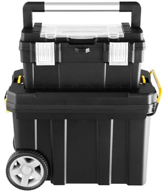 GYMAX 2er Set Werkzeugkiste, Werkzeugtrolley mit Rädern, tragbarer Werkzeugkoffer mit Ziehgriff & abnehmbarem Tablett, rollende Werkzeugkasten für Haus, Garage & Fabrik, 58 x 29 x 60 cm