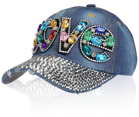 NiceYnn Baseballkappe mit 6 Blingen, Strasssteinen, Denim, Perlen, verstellbare Snapback-Kappe, Trucker-, Hip-Hop-Hut, Outdoor-Sport, Sonne, Golf, Schirm, Kristallbunte Liebe, Einheitsgröße