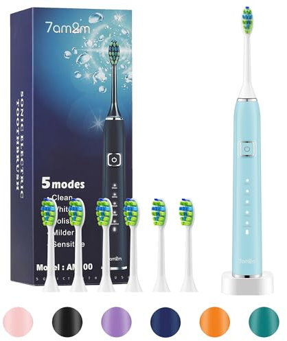 7AM2M Sonic Electric Toothbrush with 6 Brush Heads for Adults and Kids, One Charge for 90 Days, Wireless Fast Charge, 5 Modes with 2 Minutes Build in Smart Timer, Electric Toothbrushes(Light Blue)