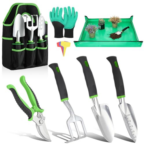 Housolution Gardening Tools Set, 8PCS Heavy Duty Garden Tools with Non-Slip Rubber Grip with Large Garden Bag for Tools Aluminum Alloy Hand Tools for Gardening,Gardening Gifts for Women and Men, Green