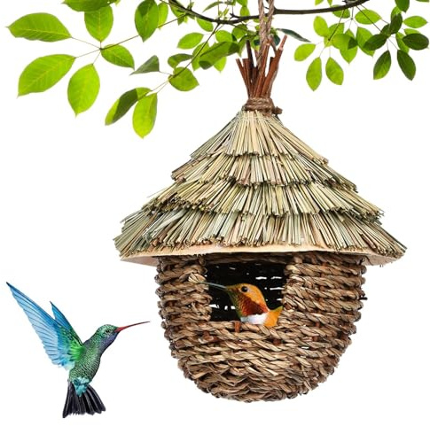 Casa per colibrì da appendere, capanna per uccelli da appendere in naturale, intrecciata a mano, per pettirosso, canarino, cincia, scricciolo, fringuello, uccelli cantanti, per giardino,