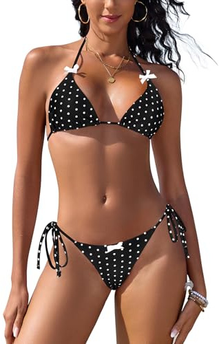 SHEKINI Women's 2 Piece String Bikini Set Y2K Halter Triangle Bikinis Gingham Print Bow Front Tie Side Swimsuit Bathing Suit, Polka Dots, Small