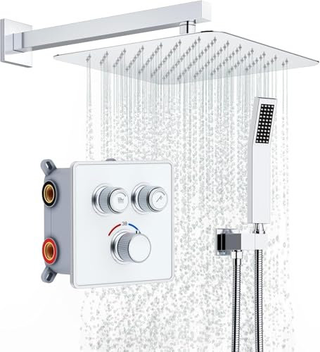 Rainsworth Sistema de ducha empotrado con termostato de 38 ℃ cromo, flujo de agua ajustable, juego de grifo de ducha empotrado con ducha de lluvia de 30 x 30 cm, juego de ducha con ducha de mano