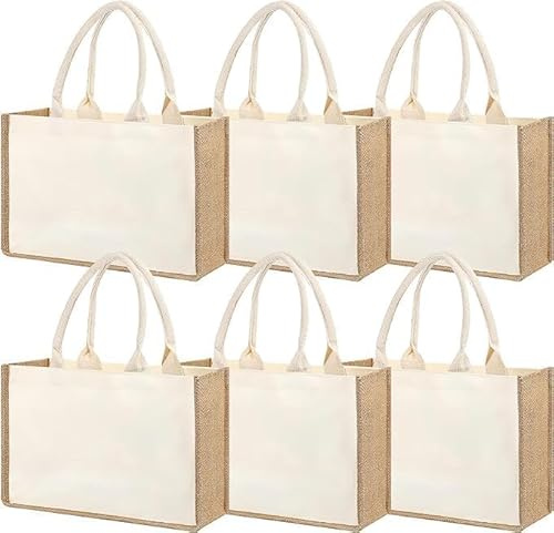 MALLOOM Lot de 6 Sacs fourre -Tout en Toile de Jute, Sac de Mariage de Demoiselle d'honneur, Fourre-Tout de Plage, Sacs d'épicerie réutilisables avec poignées en Coton pour le Shopping, les Voyages