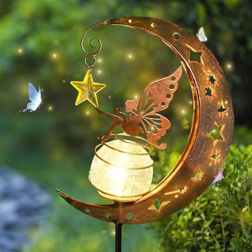 YeahBoom Lampada Solare da Giardino da Esterno Fata dei Fiori,Luci Decorative per Esterni con Sfera di Vetro a Led Luce,Lampada Solare Lunare,per Balcone,Prato,Patio o Cortile