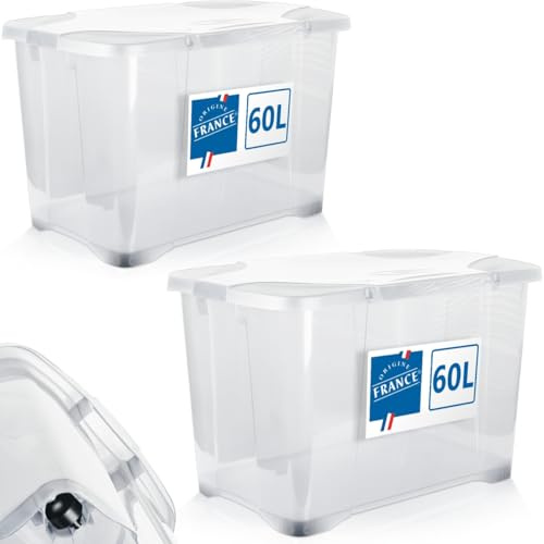 Stimo 2x 60L Aufbewahrungsbox mit Deckel und Rollen große Box rollbar (Transparent)