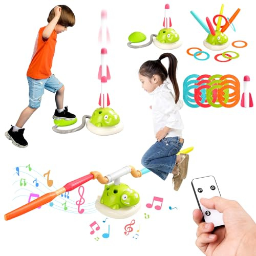 Juego musical de lanzamiento de anillo y lanzador de cohetes a pisotón 3 en 1 para niños,Diversión deportiva interior y exterior para niños de 3 a 9 años,Control remoto y Actividades de diseño seguro