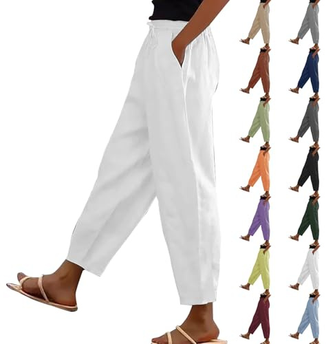 cropped trousers women, Cotton Linen Trousers Womens UK Solid Color Elasticated Waist Trouser Ladies Summer Lounge Pants Plain Loose Fit Capri Pant Casual Straight Leg Bottoms with Pockets White L