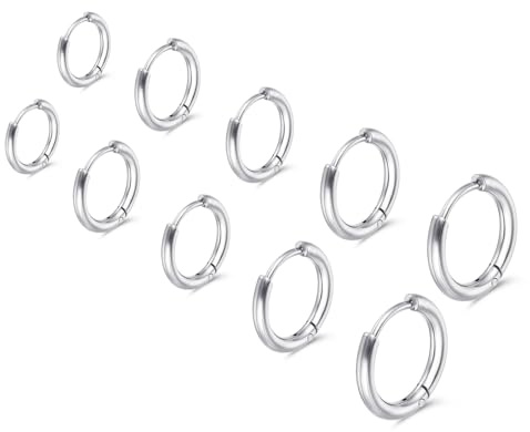 Nogeqi 5 Pairs Small Hoop Earrings for Women, Silver Huggie Earrings, 316 Stainless Steel Sleeper Earring for Piercing Jewelry Gift, 6/8/10/12/14mm