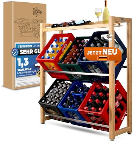 Stahlholz Drinks Crate Rack with Additional Shelf for 5-6 Drinks Crates, Extremely Sturdy Premium Wooden Drinks Shelf, Crate Shelves, Sustainable Bamboo Stainless Steel Design