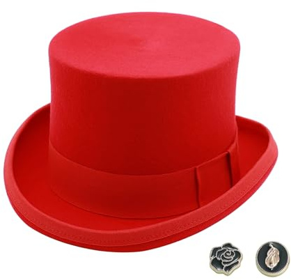 MivBuks Zylinder Hut Herren Wollfilzhut Bowler Hut Fedora Melone für Damen Filzhut Melonenhut Derby Top Hat für Fasching Cosplay Karneval Halloween (DE/NL/SE/PL, Alphanumerisch, L, Rot)