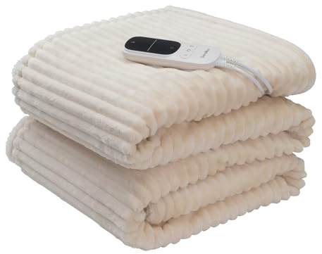 Terraillon - KOOMY, Plaid Chauffant, Arrêt Automatique, 9 réglages de température, Chaleur Pendant 9h, Lavable en Machine, Dim. 180x130 Cm, Sherpa et Flanelle, Crème