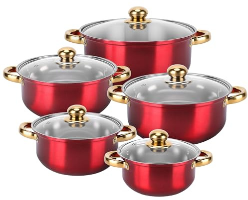 MEKOTRIN Batterie de Cuisine en Acier Inoxydables 10 Pièces, Ensemble de 5 Casseroles avec 5 Couvercles en Verre, Tous Feux dont Induction, Set de Faitouts Marmite Casserole - 12/14/16/18/20cm, Rouge