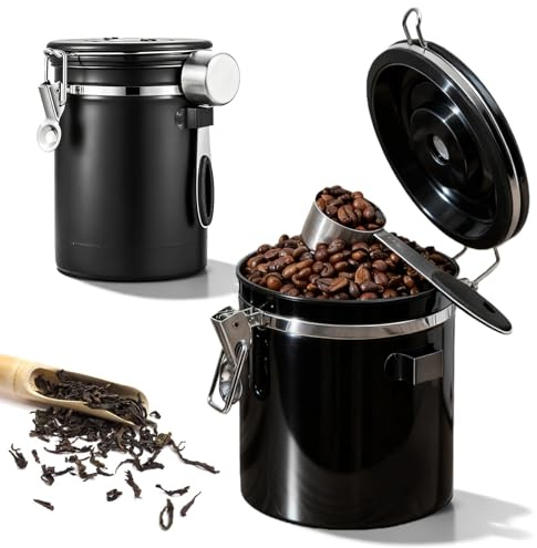 Porfoyo Kaffeburk lufttät, 2,8 l vakuum kaffeburk, rostfritt stål med CO2-ventil, mätsked och datumvisning, kaffebönor behållare för bönor, malt kaffe, te, nötter och kakao