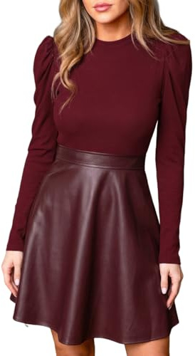 CUPSHE Women's Winter Dresses Ribbed Knit Puff Long Sleeve High Waist Faux Leather Party Mini Dress Red, S
